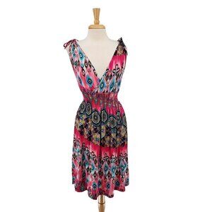 Womens Sleeveless Midi Dress Size S-M Pink‎ Floral V-Neck Elastic Waist Western